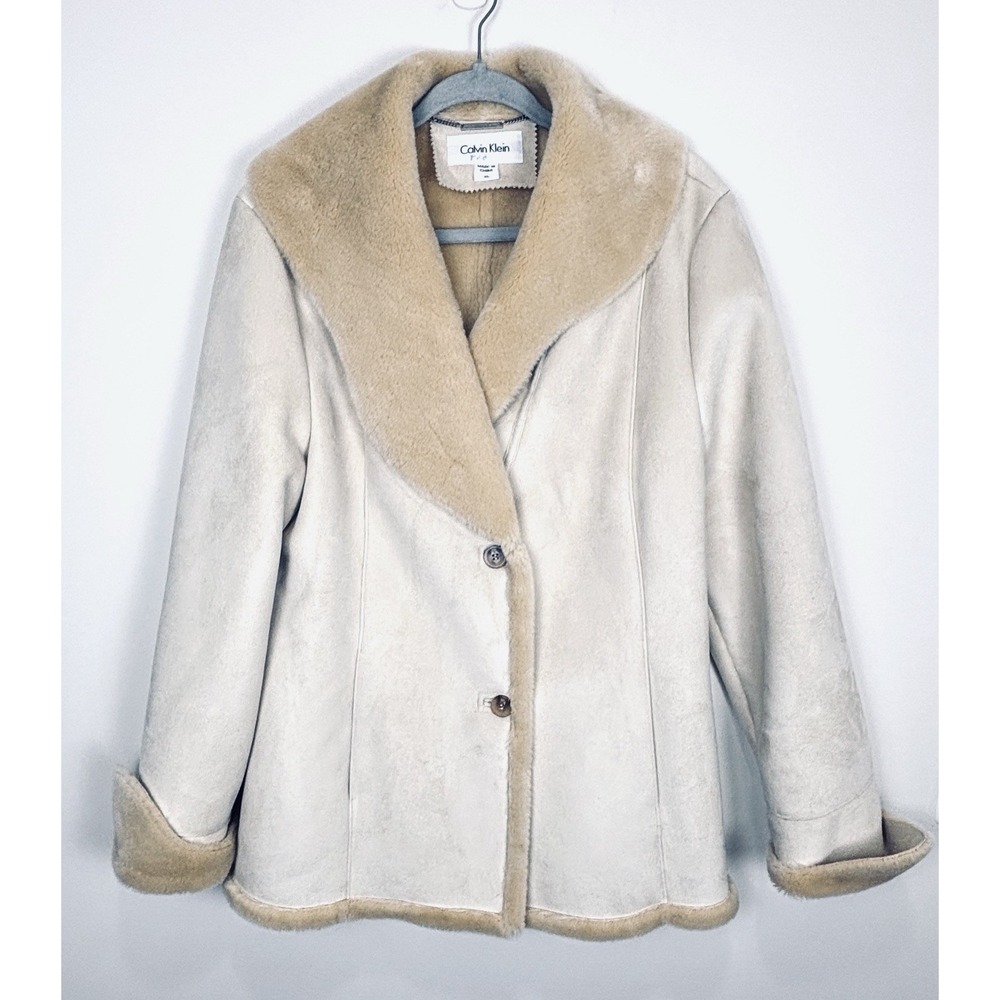 Calvin Klein Women Tan Faux Suede Coat Faux Fur Collar Cuffs XL RN 112384
